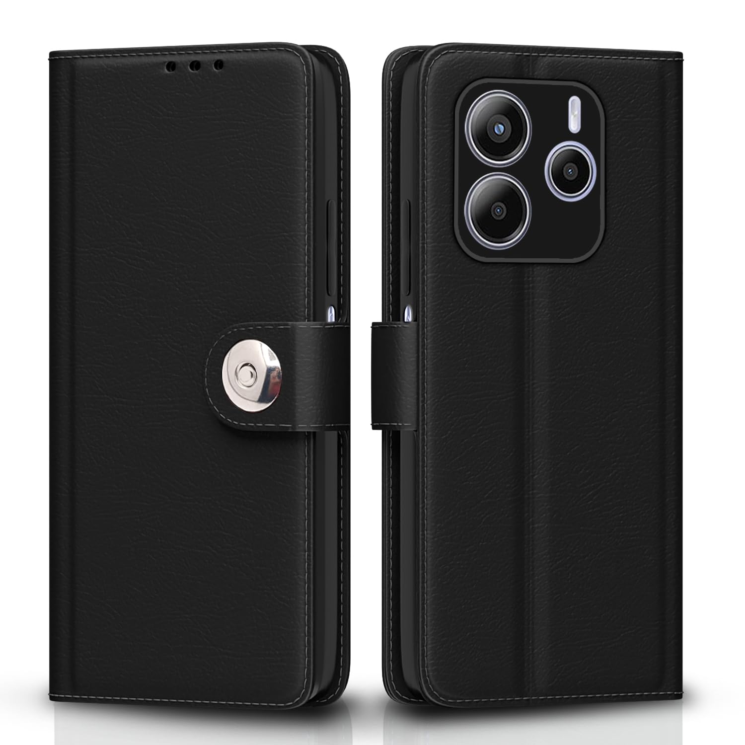 Pikkme Flip Cover Leather Finish | Inside TPU with Card Pockets | Wallet Stand and Shock Proof | Complete Protection Button Flip Case for Redmi Note 14 5G (Black)