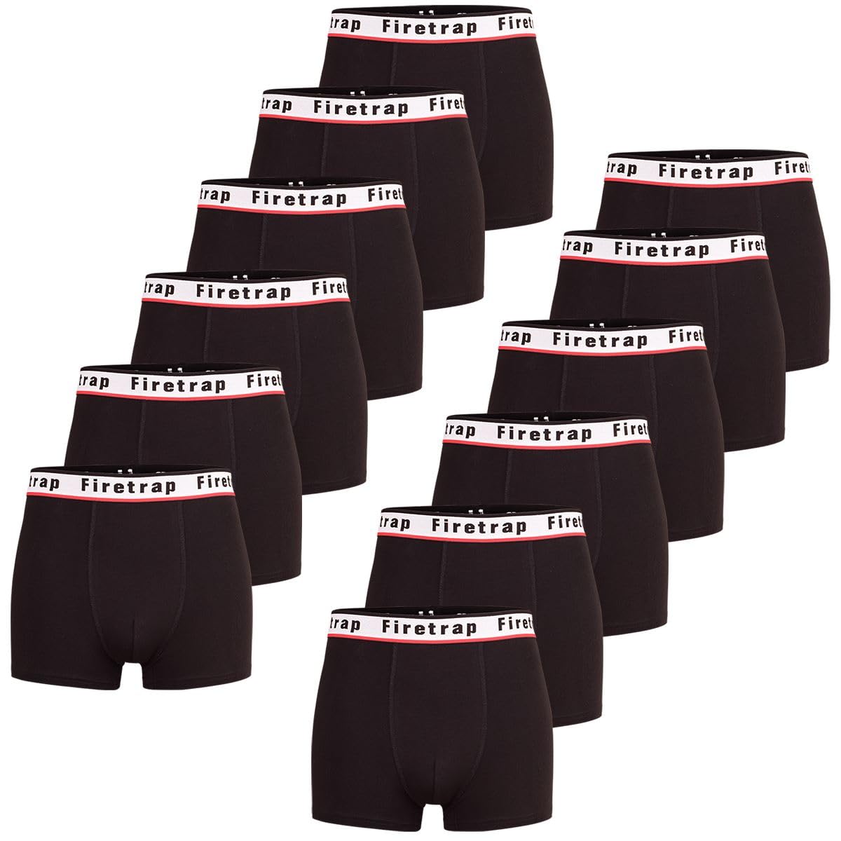 Firetrap Men's All Black 12 Pack Designer Boxer Shorts, Underwear Gift Set Trunks Comfortable Stretch Cotton Plain Colours Briefs Xl
