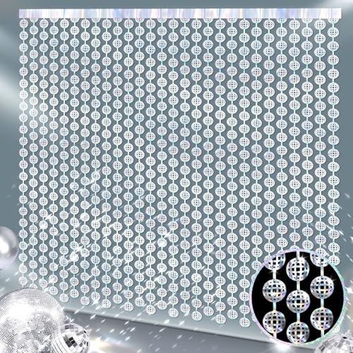 Blosssound 2 PCS Disco Ball Backdrop 70s Disco Party Decorations Disco Foil Fringe Curtains Disco Party Banner Photo Props for Birthday Bachelorette Disco Party Decor,3.3 x 6.6 ft(Iridescent)