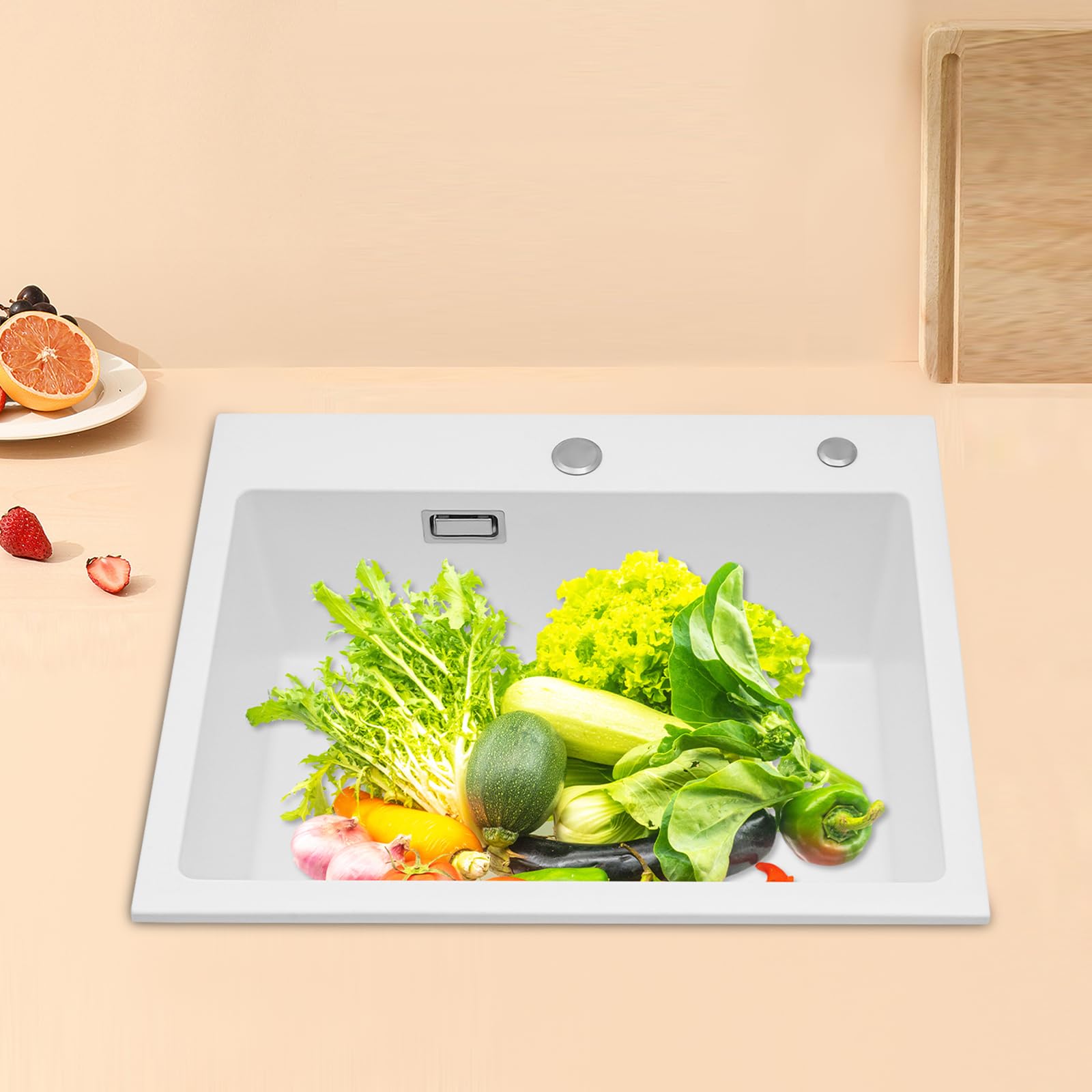 Évier de cuisine, profond, en pierre de quartz, blanc, 1 bac encastrable, capacité de charge d'environ 220,46 kg, bec anti-débordement, pour salles de bains, restaurants, cantines scolaires