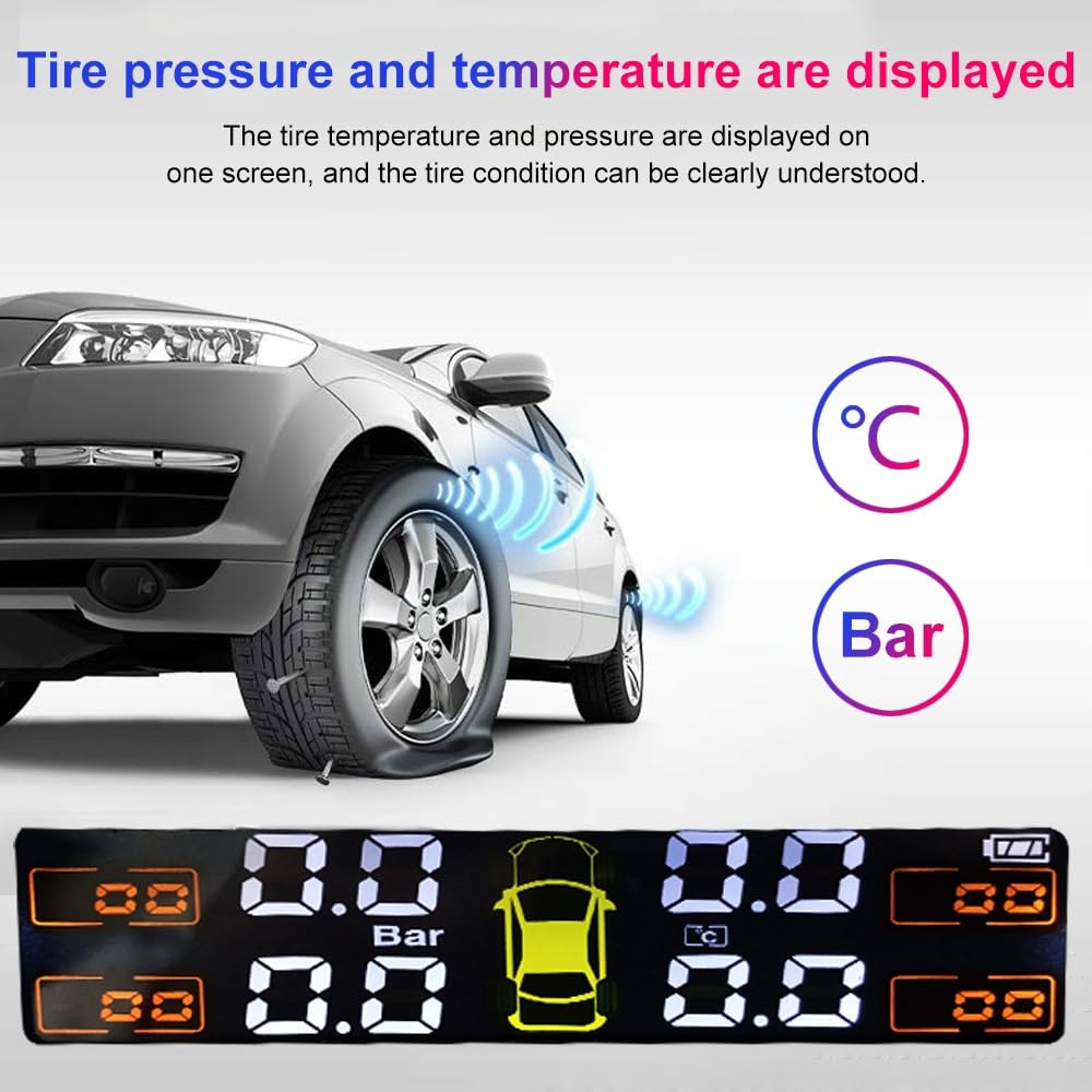 Tpms Sistema di monitoraggio della pressione dei pneumatici for auto a energia solare, allarme di sicurezza automatico, sensori di pressione dei pneumatici, sensore interno esterno a 4 ruote Pressione