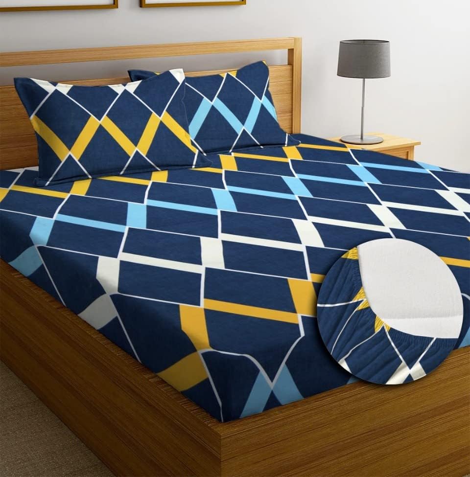 NEW LEAF Premium Cotton Elastic Fitted Bedsheets with 2 King Size Pillow Covers | Double Bed with All Around Elastic 200 TC Supersoft | Size - 72 King Sizex78+10 inches | Blue White Zigzag