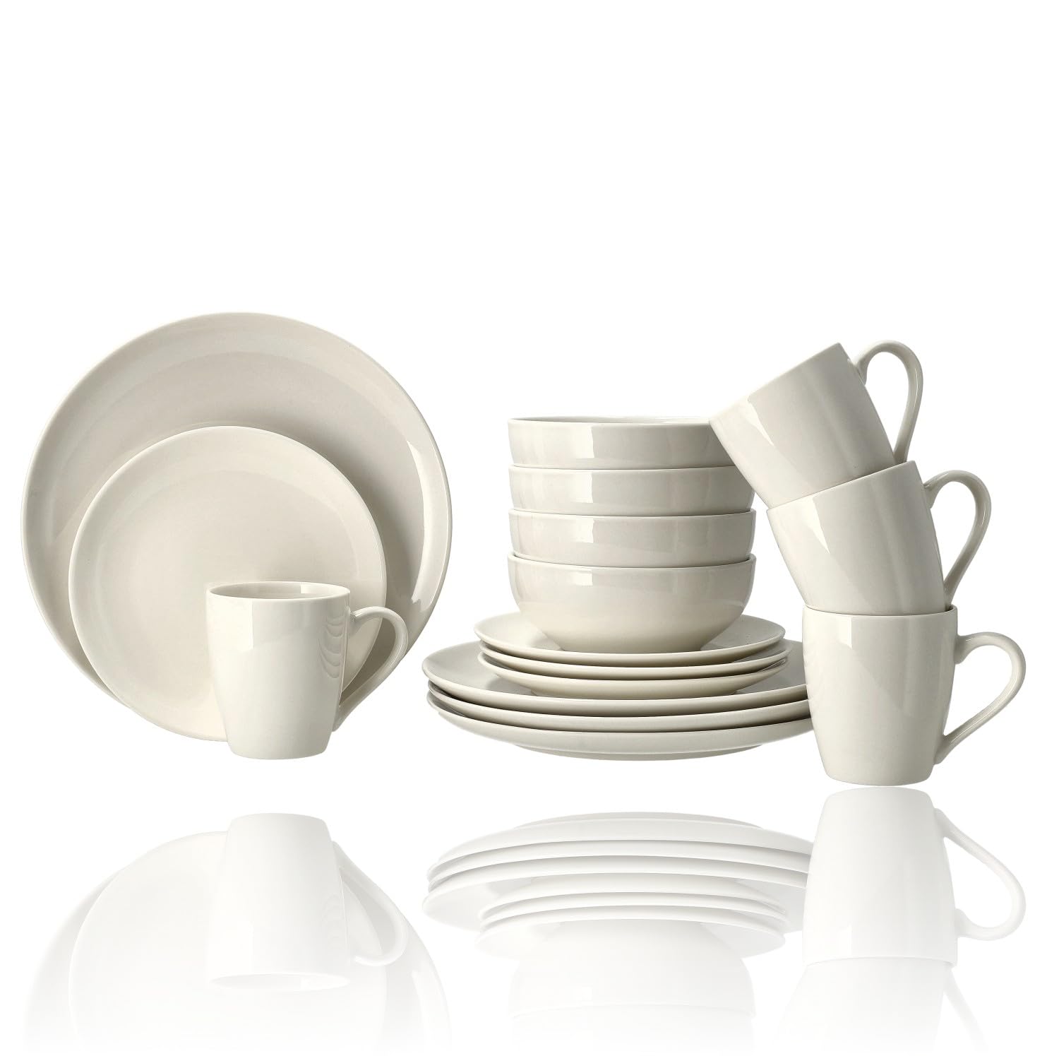 Vajilla blanca de 16 piezas – Vajilla de porcelana para 4 personas – Juego completo de platos con platos, platos de desayuno, cuencos y tazas – Microondas y Lavavajillas Resistente