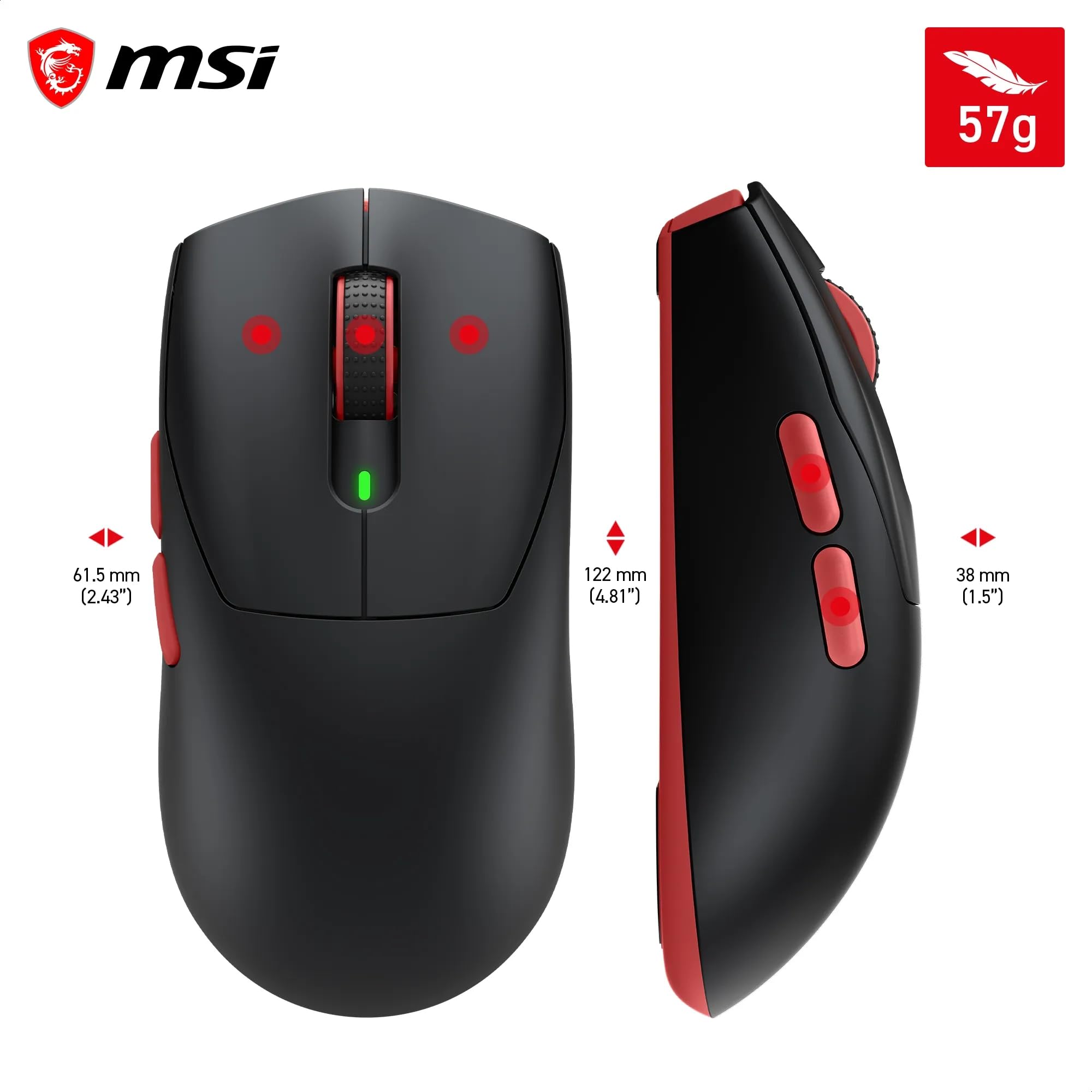 MSI Forge GM340 Wireless Black Bezprzewodowa/przewodowa mysz do gier, 12000 DPI, częstotliwość odpytywania 1000 Hz, symetryczna konstrukcja, 50+ milionów kliknięć, 6 przycisków, autonomia 82 godziny