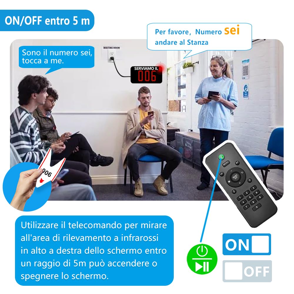 Eliminacode Digitale (Chiamata in Italiano) | Eliminacode Display (3 Cifre)+ Chiocciola Eliminacode+ Rotolo Numeri Coda +2 Pulsante di chiamata (3 Tasti)+Telecomando