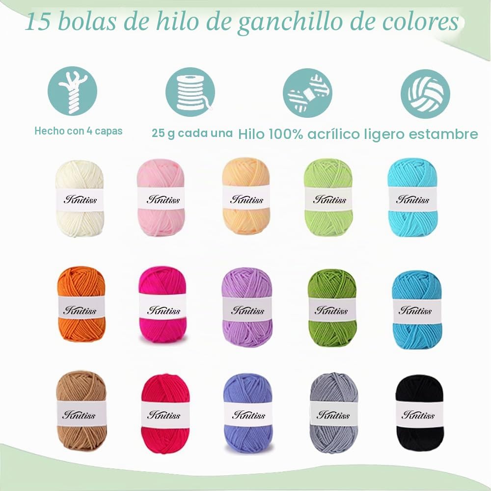 KNITISS Kits de ganchillo con estuche, juego de ganchillo para principiantes incluye 18 madejas de hilo y 12 ganchos ergonómicos de ganchillo