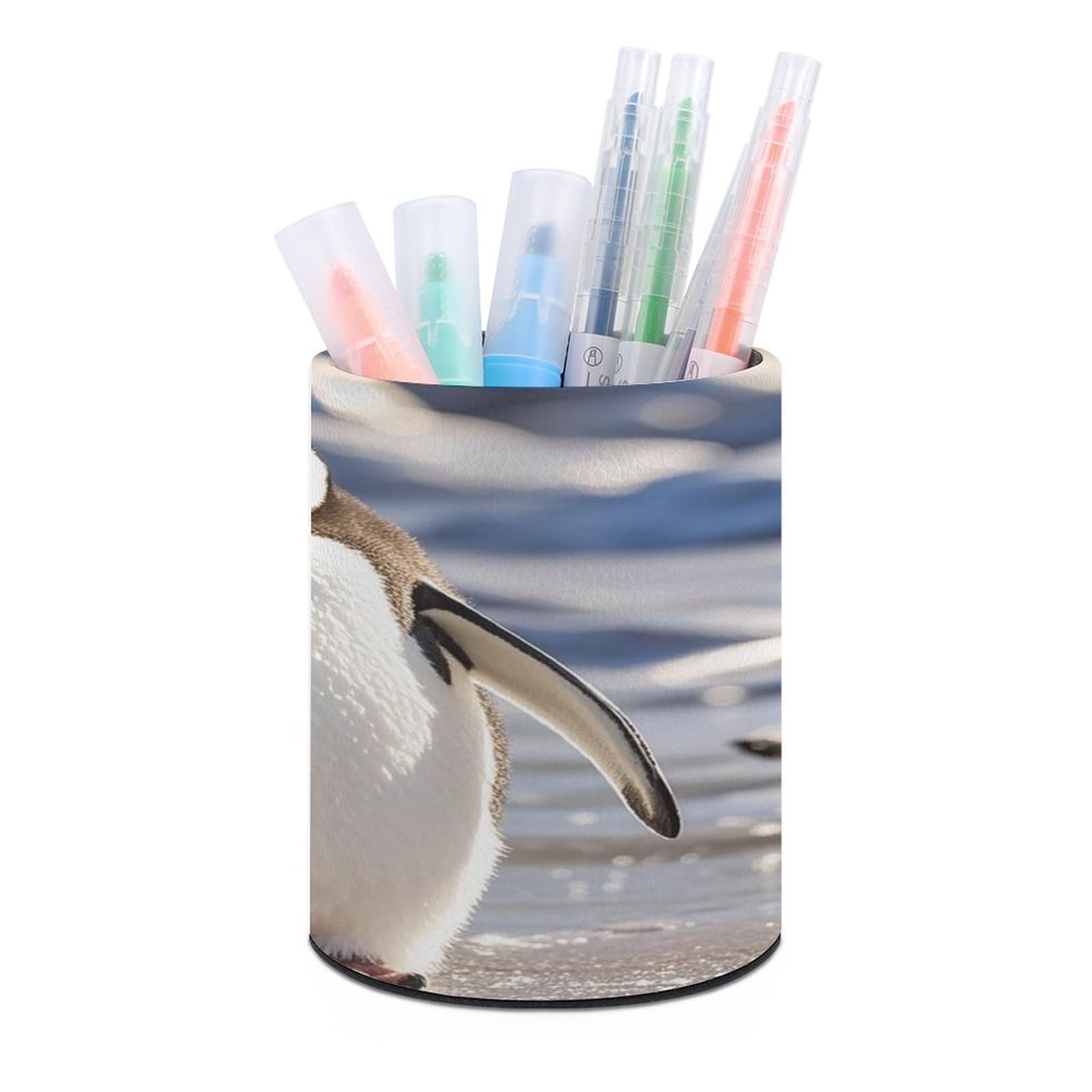 FekiLoot Round Cute Penguin Pen Holder for Desk PU Leather Waterproof Pencil Cup Stand Minimalist Makeup Brush Storage Organizer Desktop Stationery Container Accessorires