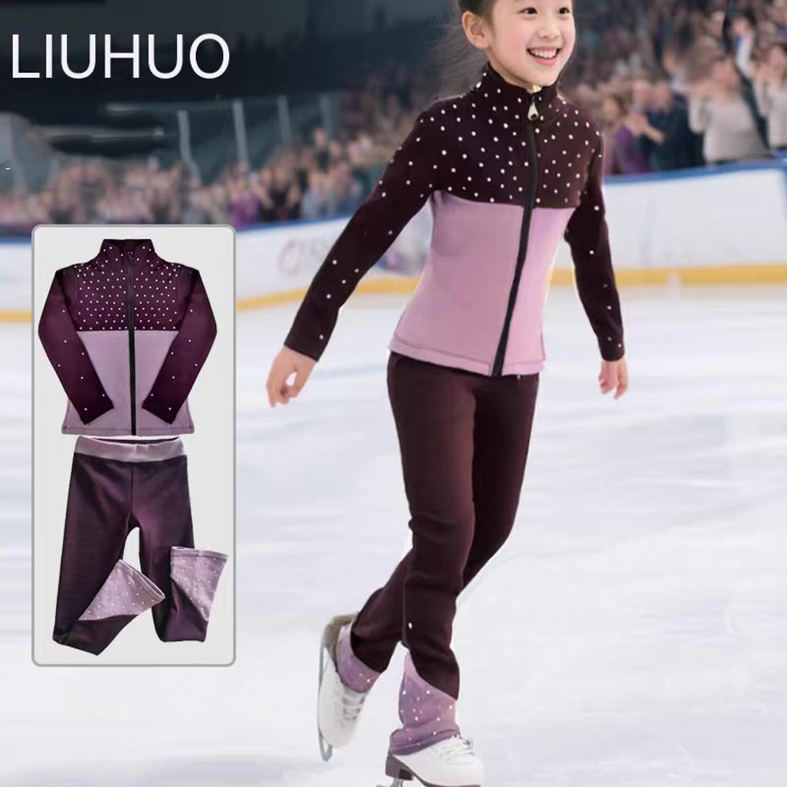LIUHUO Lila Eiskunstlaufjacke Hose Fleece für Mädchen Wettkampftraining