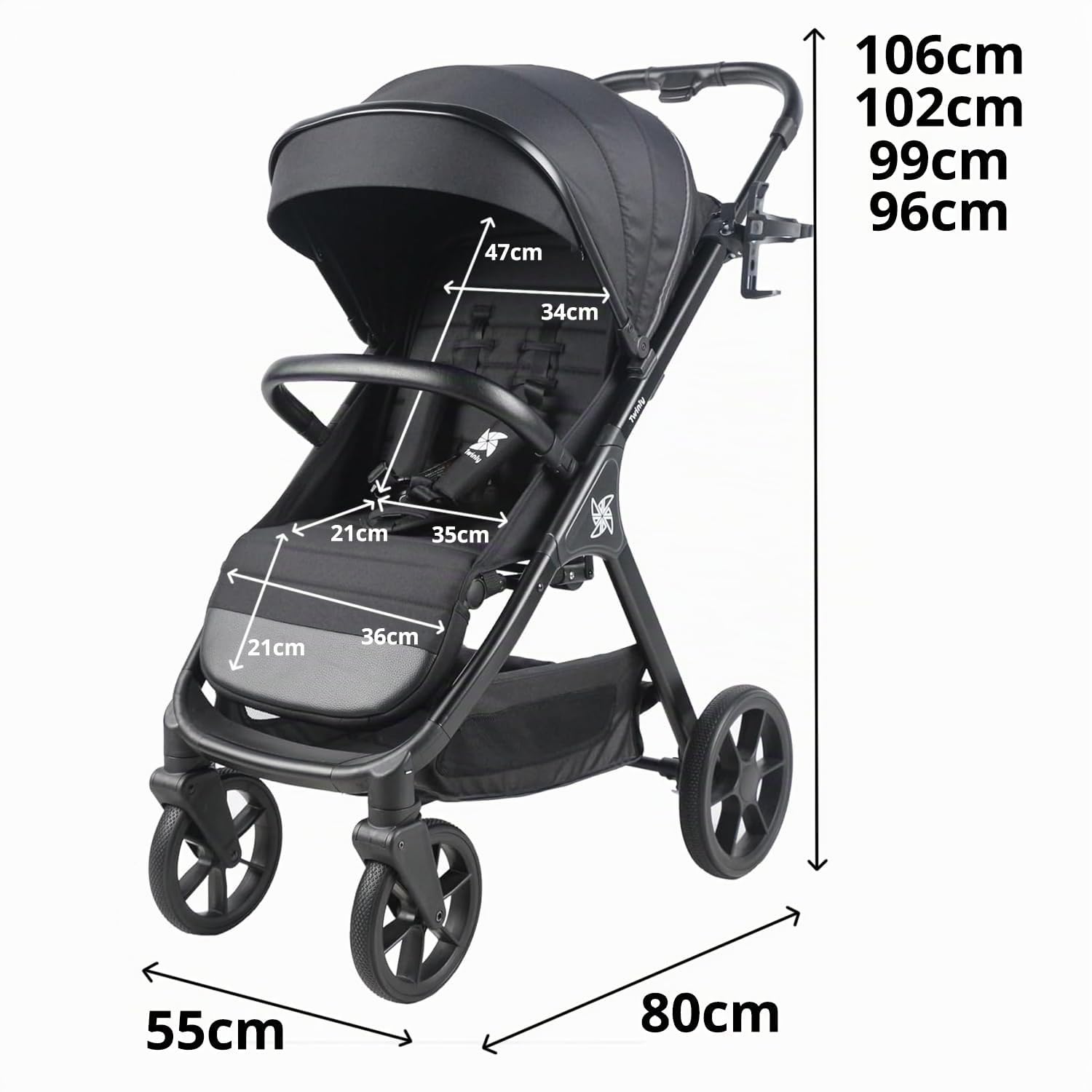 Poussette Canne Compacte et Légère jusqu'à 25kg Dès la Naissance Siège Large Capote XXL UPF-50 Pliage d'une Main Grandes Roues Noir