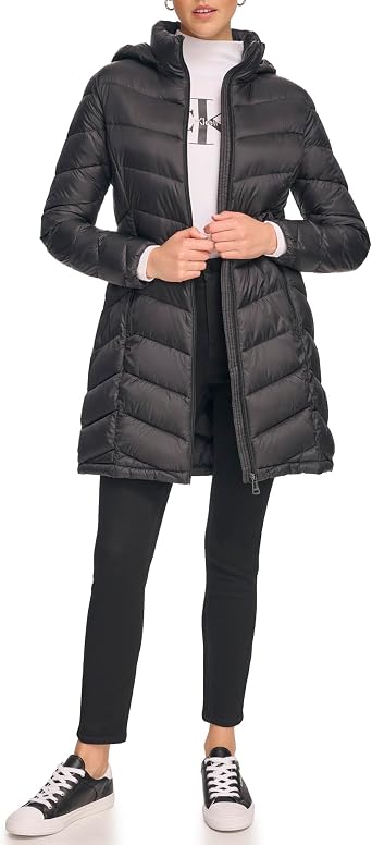 Calvin Klein Women's Everyday Hooded Zip Front Puffer Long Sleeve Down Coat