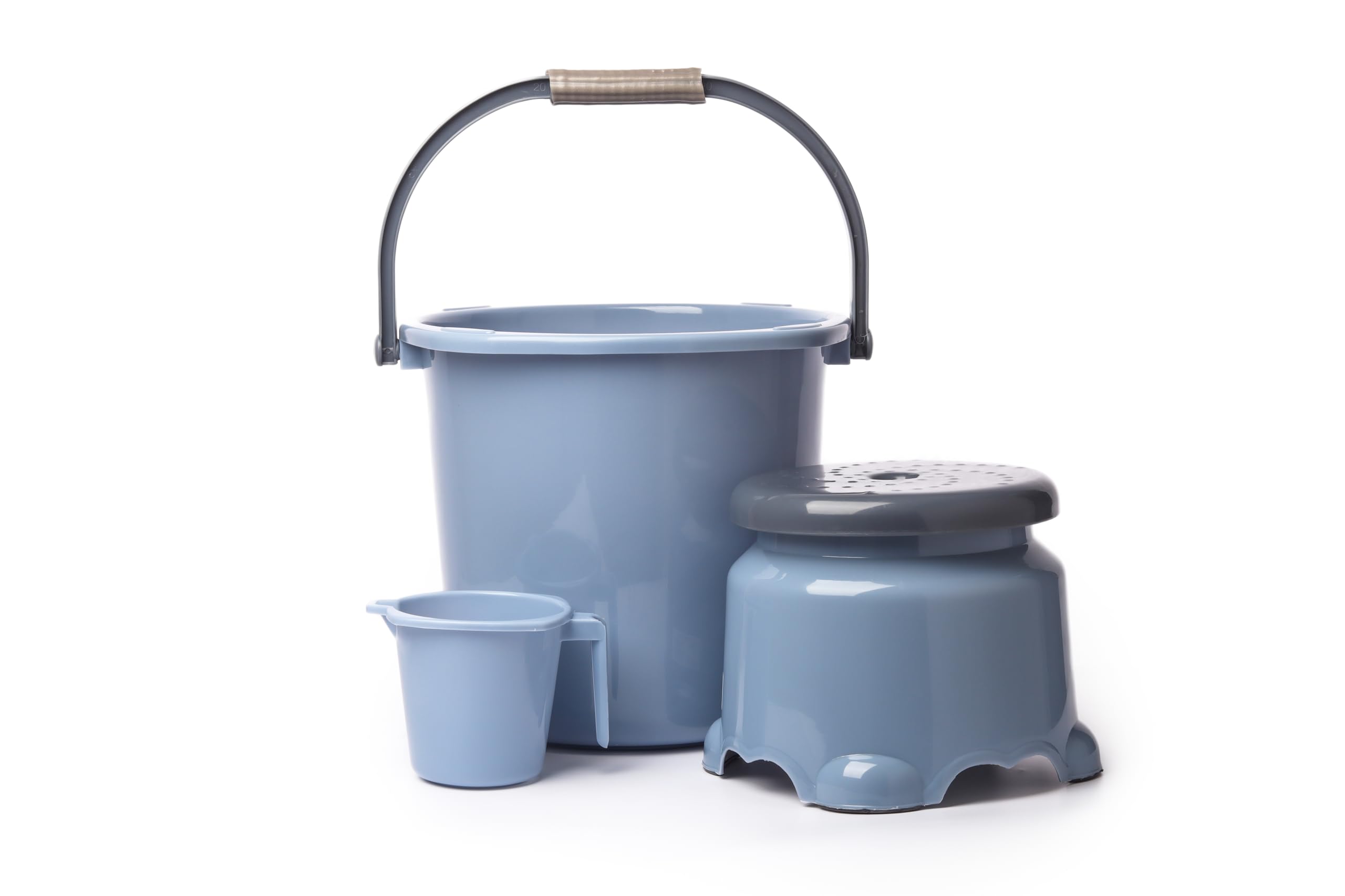 GALOOF 3pc Bathroom Set | 20 Liter Bucket with 1 L Mug and Sturdy Stool | Plain Color Bath Bucket Combo Set for Cleaning and Bathing (Blue)