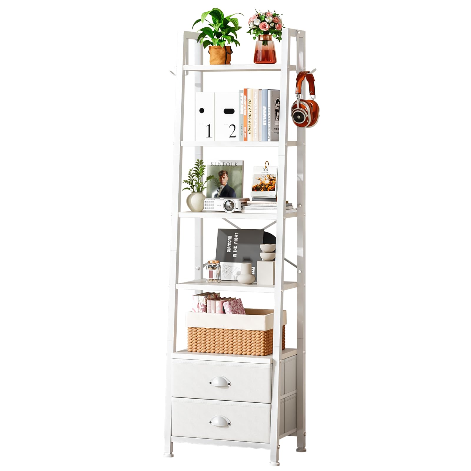 Wooruy 5 Tier Bookshelf with 2 Fabric Drawers Ladder Shelf,Narrow Bookshelves,Freestanding Display Rack Shelving Unit Bookcases for Office Study Living Room Bedroom,White 15.3" L x 11.4" W x 63.4" H