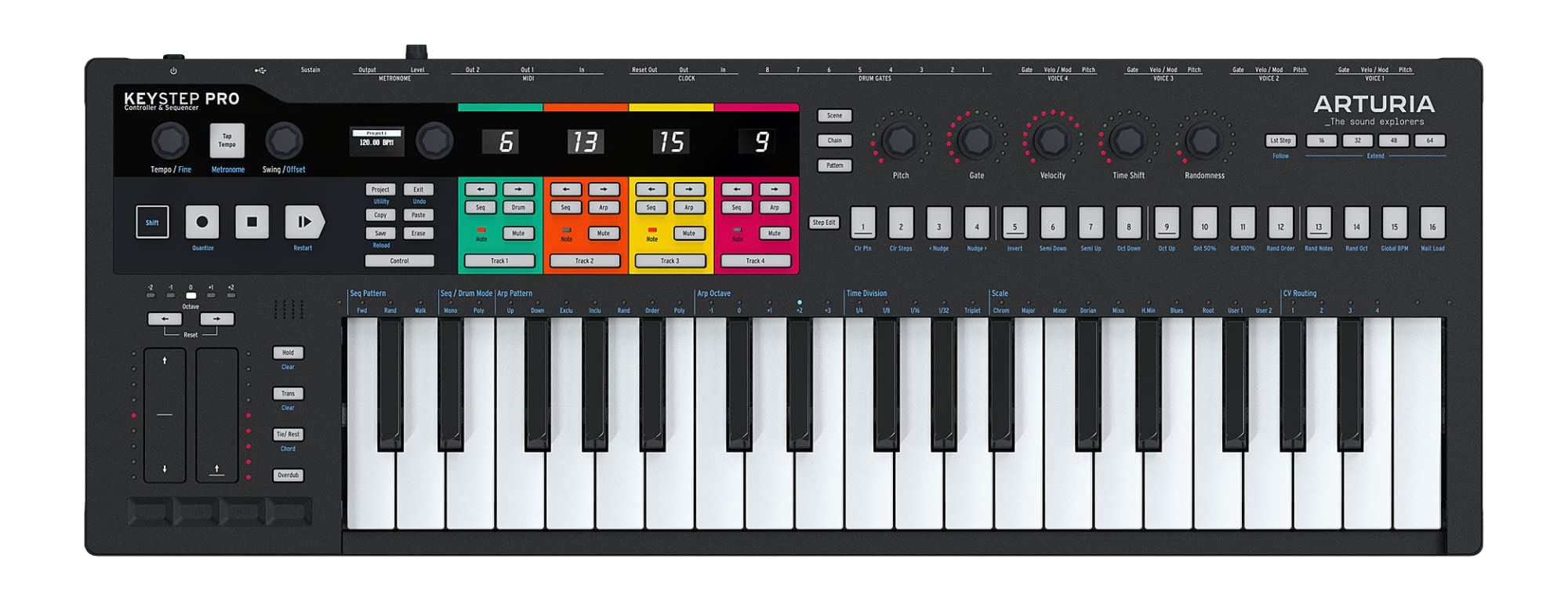 Arturia KeyStep Pro Schwarz USB-MIDI-Controller mit 61 Tasten, USB-Kabel und Bedienungsanleitung für Windows und macOS