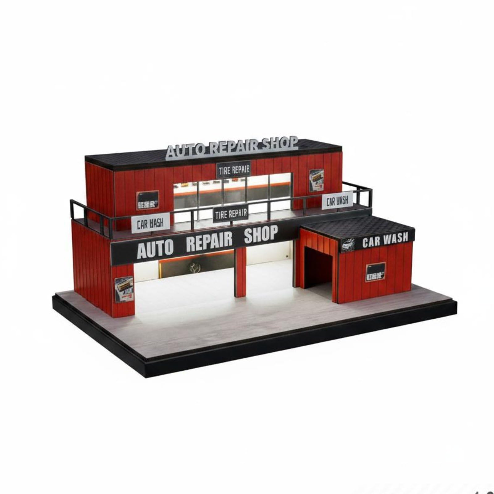 Container Garage Display Modello Garage Diorama Officina Parcheggio Miniatura Scenico con Luci Struttura Compatta a Due Livelli in Plastica Resina