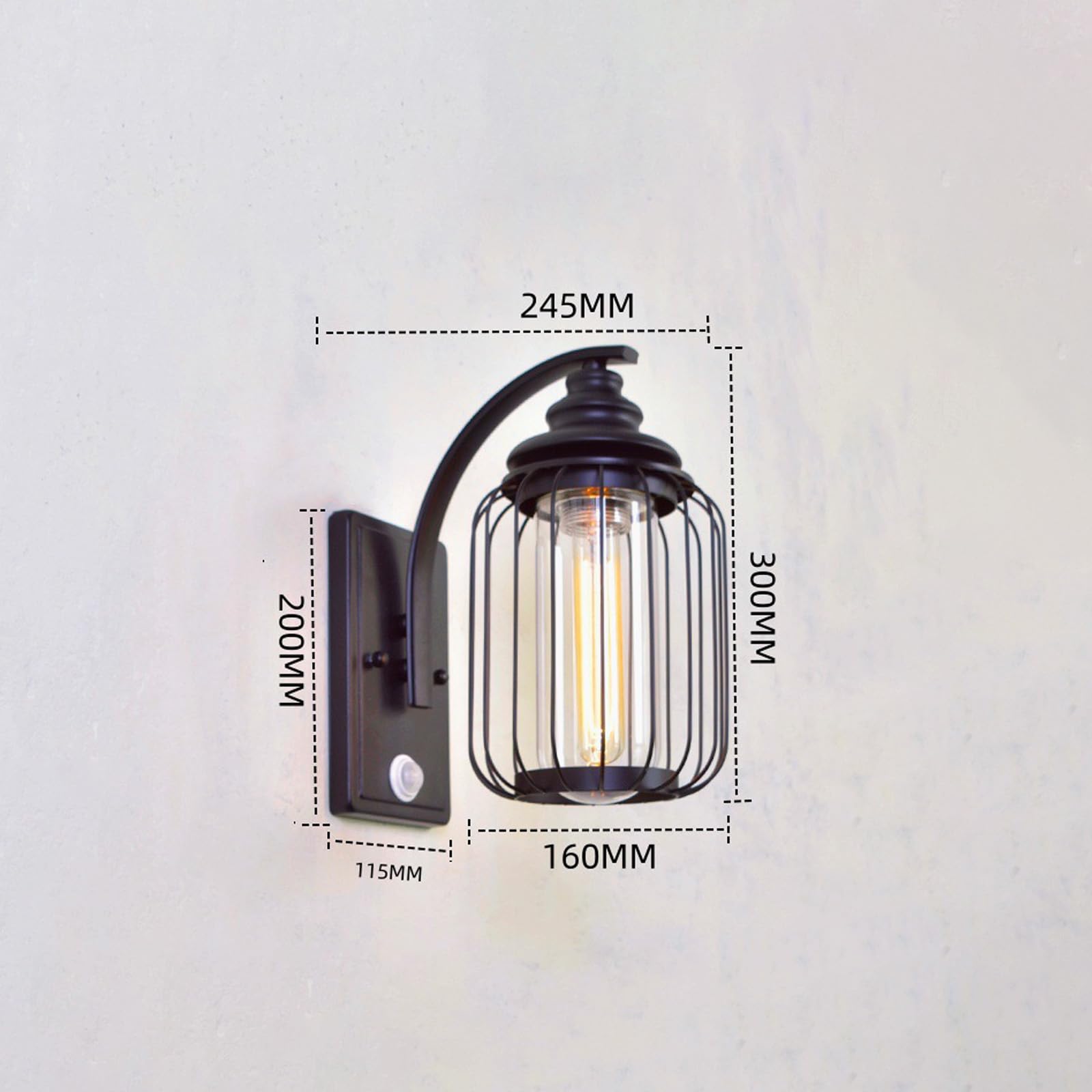 E27 Zewnętrzna lampa ścienna z czujnikiem ruchu IP65 wodoodporna oprawa ścienna czarna metalowa klatka i klosz szkło retro oświetlenie ścienne do willi na taras ogrodowy (czarny, 1 sztuka)