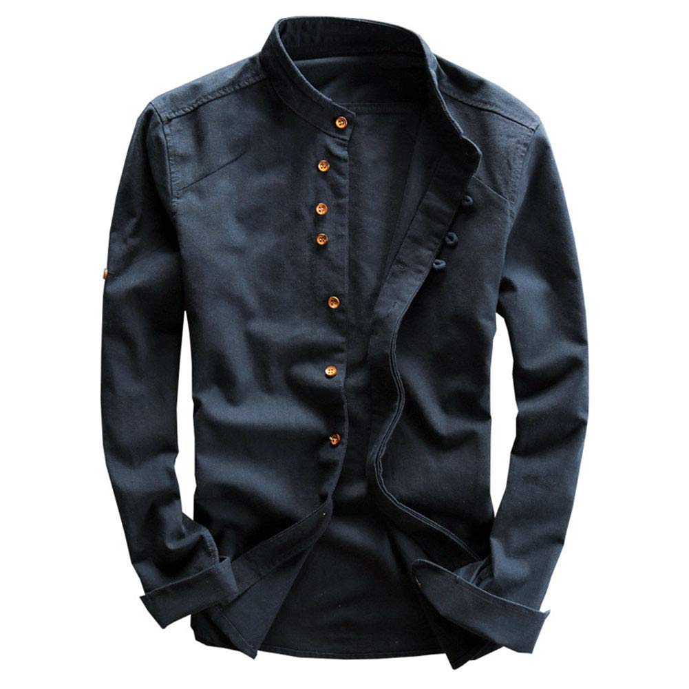 Oversize Camicia Henley in Lino Tinta Unita Stile retrò Cinese da Uomo Collo alla Coreana Maglietta T-Shirt Leggera Aderente Casual Estiva Taglie Forti