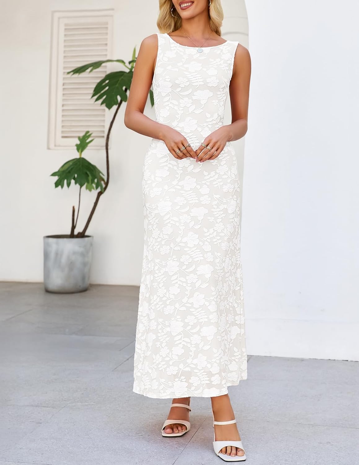 MEROKEETY Womens 2026 Summer Floral Maxi Dress Sleeveless Tie Waist Elegant Formal Bodycon Wedding Guest Party Long Dresses - Image 2