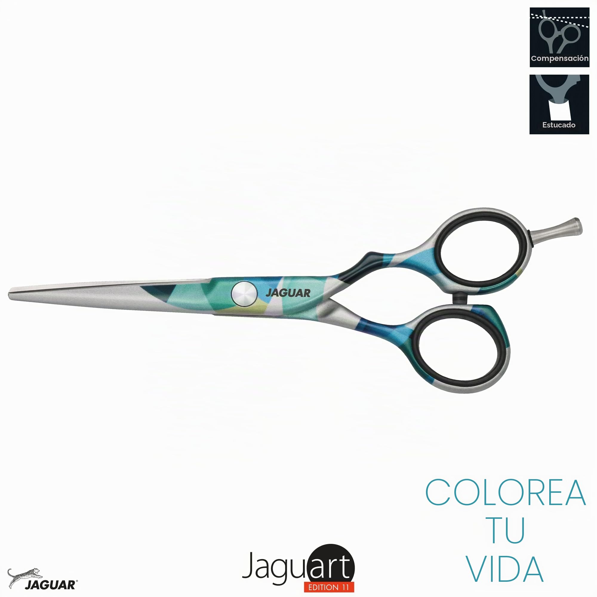 JAGUAR Tijeras para el pelo JaguART IN MOTION 5.5" | Tijeras de peluquería con diseño offset | aRecubrimiento antialérgico y resistente de alta tecnología con aspecto fotográfica | Made in Germany