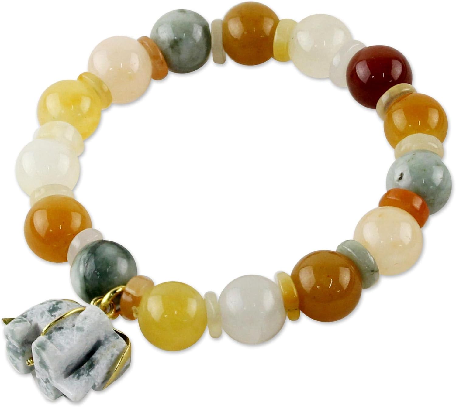NOVICA Artisan Jade and Quartz Beaded Charm Bracelet with Elephant Gold Accent Green Stretch Thailand Animal Themed Birthstone [6.25 in Inner Circ. 10 mm W Pendant(s) 0.8 in L x 0.7 in W] ' Elephant