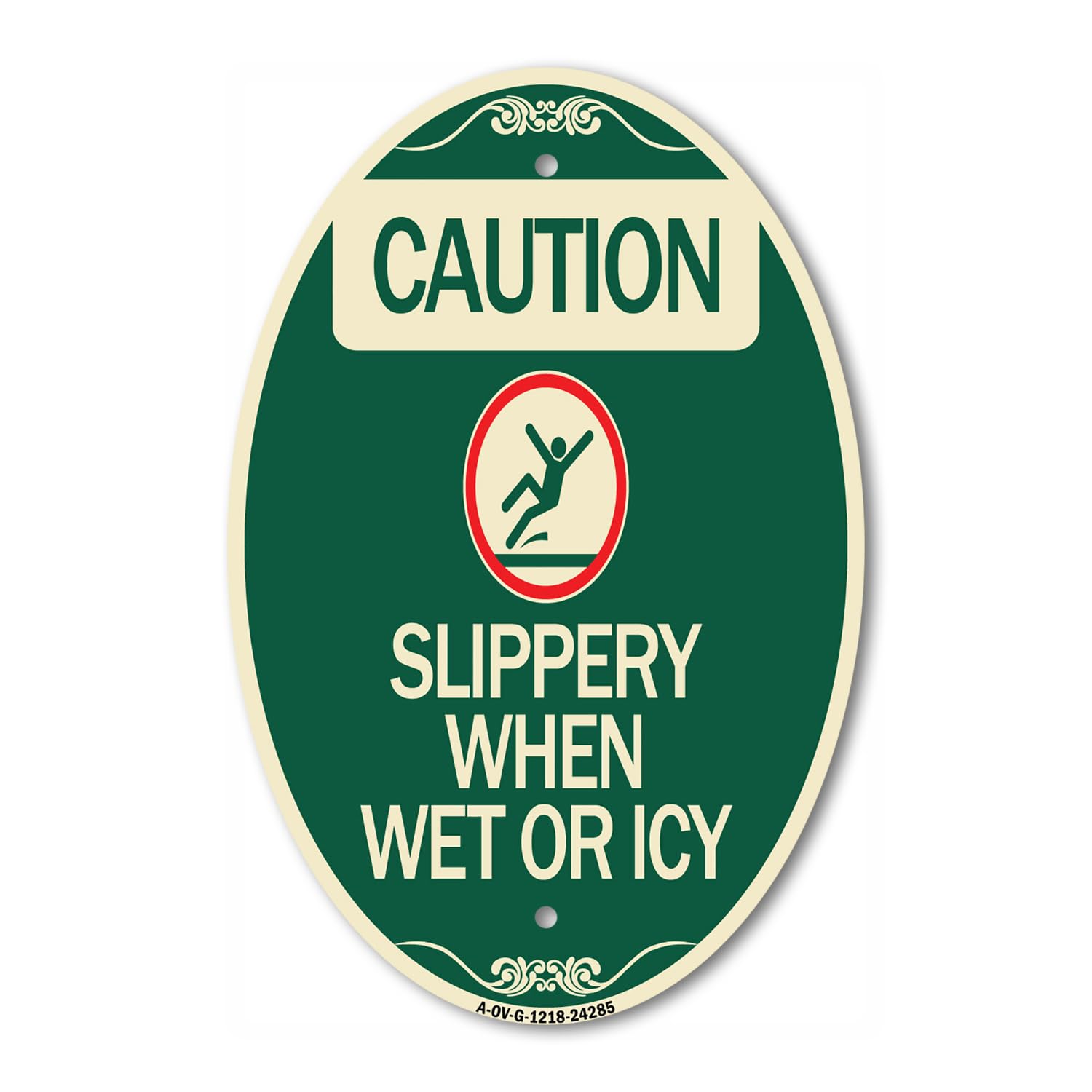 SignMissionDesigner Oval Series Sign - Caution - Slippery When Wet or ICY (with Graphic) | Green & Tan 12" X 18" Heavy-Gauge Aluminum Architectural Sign | Commercial Grade | Made in The USA