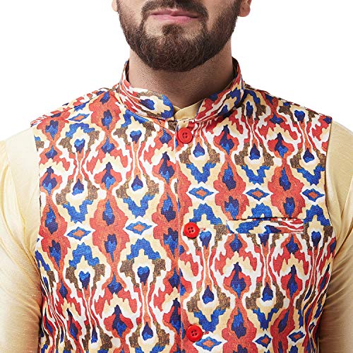 Image of SOJANYA (Since 1958 Men's Silk Blend Gold Kurta Pyjama & Printed Nehrujacket Combo