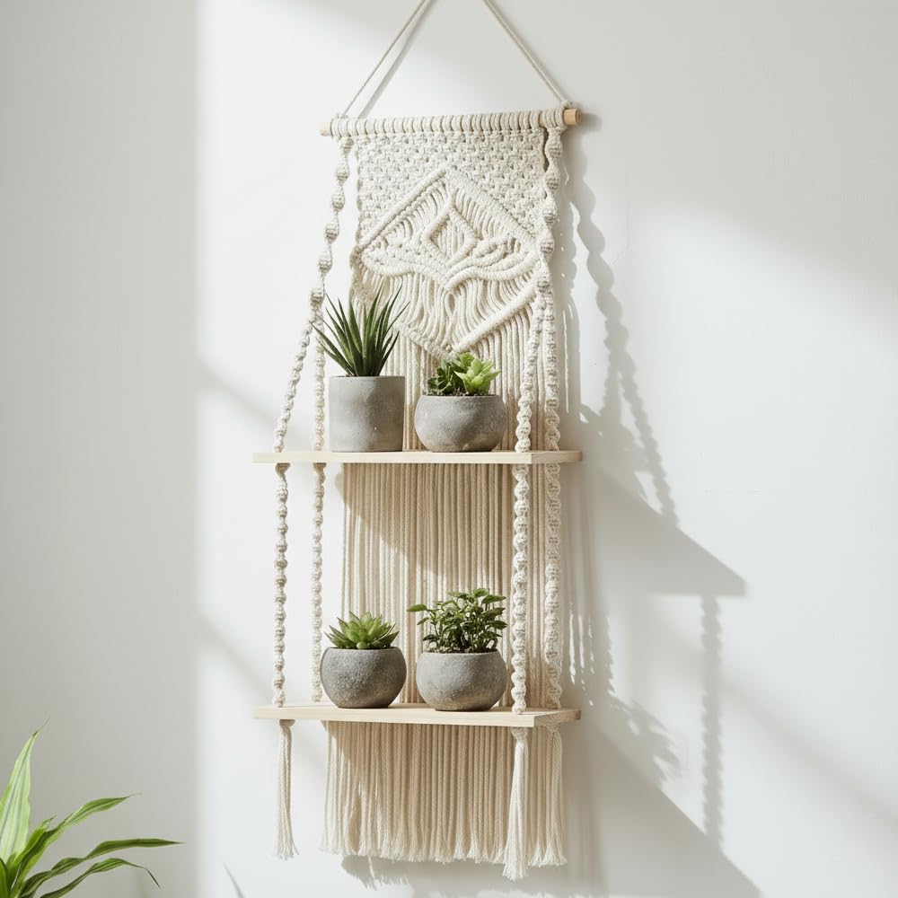 Decazone Macrame Indoor Wall Hanging Shelf Chic Decor Wood Floating Boho Shelves with Wooden Dowel Hand Woven Bohemian Decor for Apartment Dorm Bedroom Living Room Nursery Beige (2 Tier)