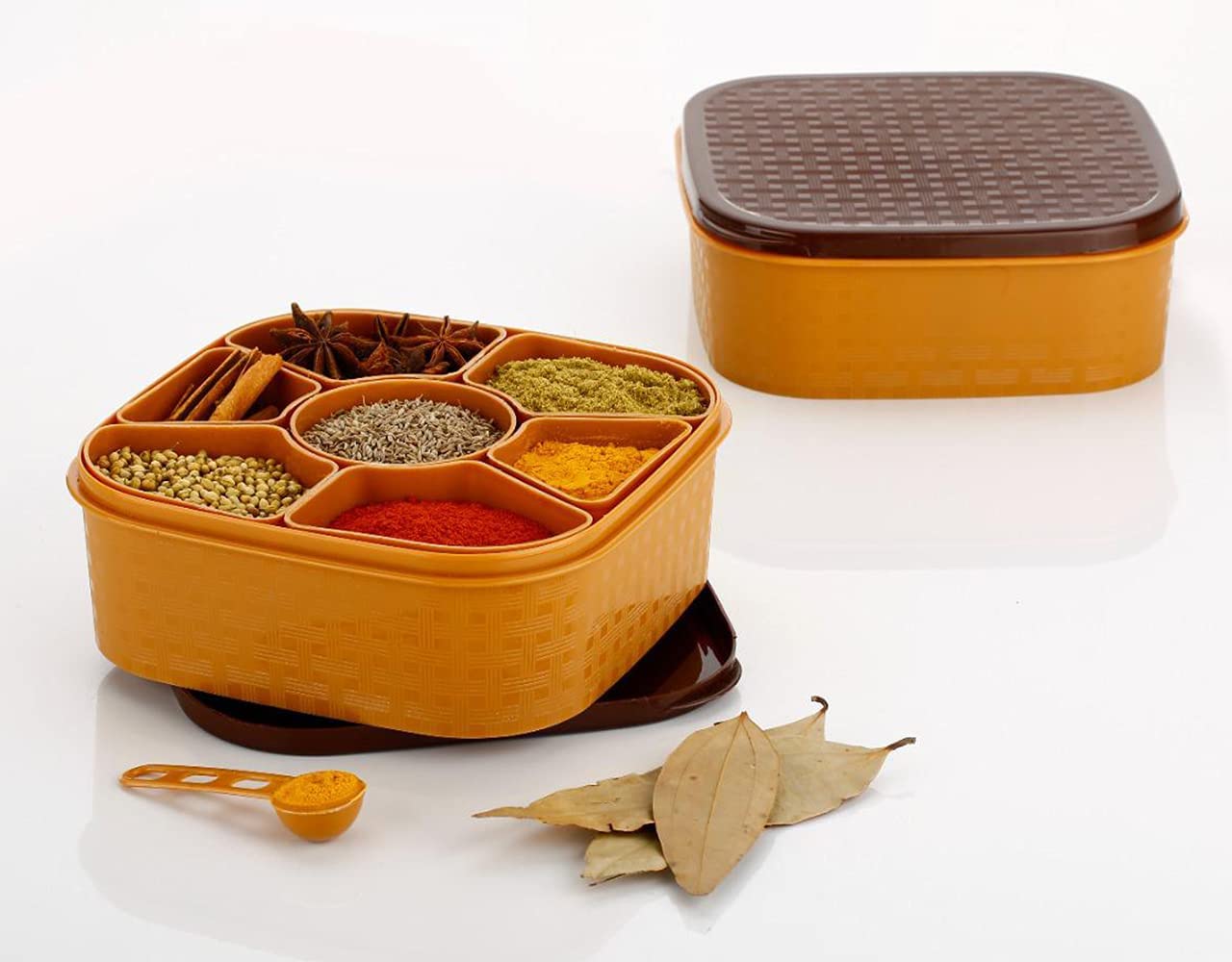 RapportMart Plastic Masala Box (Dabba) - 7 Sections, 700 Ml, Brown Colour, 1 Piece