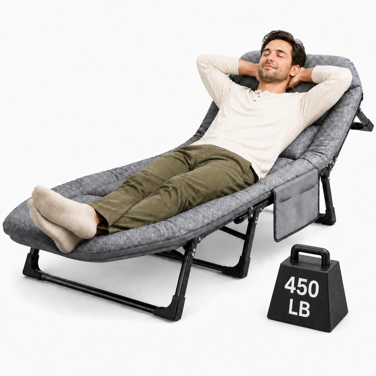 DXZ Folding Camping Cot for Adults, 6-Position Adjustable Reclining Cot with Mattress and Pillow, Heavy Duty Portable Sleeping Bed with Side Pocket for Camping, Patio, Office Nap and Home Rest, Grey