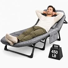 DXZ Folding Camping Cot for Adults, 6-Position Adjustable Reclining Cot with Mattress and Pillow, Heavy Duty Portable Sleeping Bed with Side Pocket for Camping, Patio, Office Nap and Home Rest, Grey
