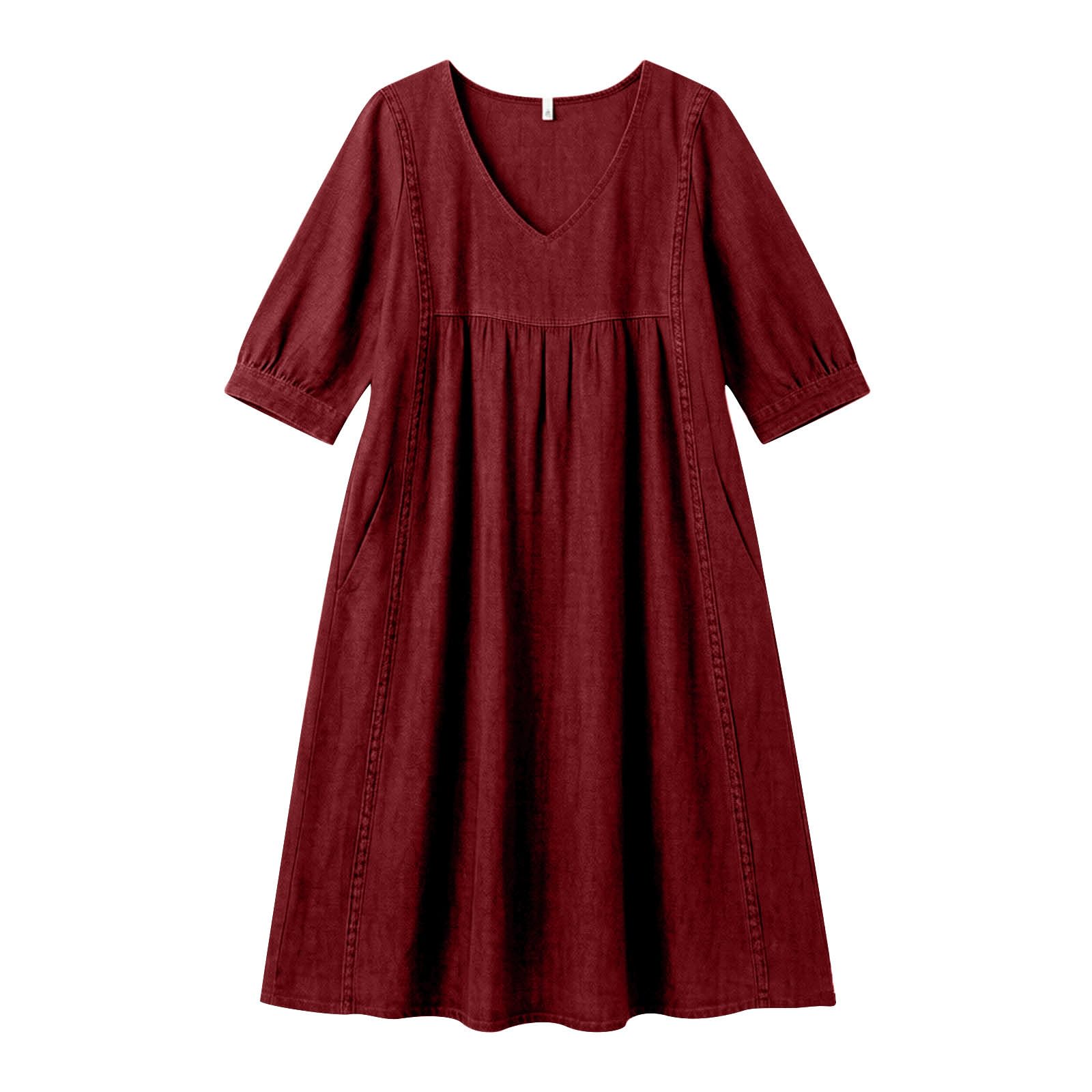 Sommerkleider Damen Leicht Luftig Baumwolle Leinen Maxikleid V-Ausschnitt Musselin A-Linie 3/4 arm Leinenkleid Hohe Taille Button Down Freizeitkleid Blusenkleid Shirtkleid Strandkleid