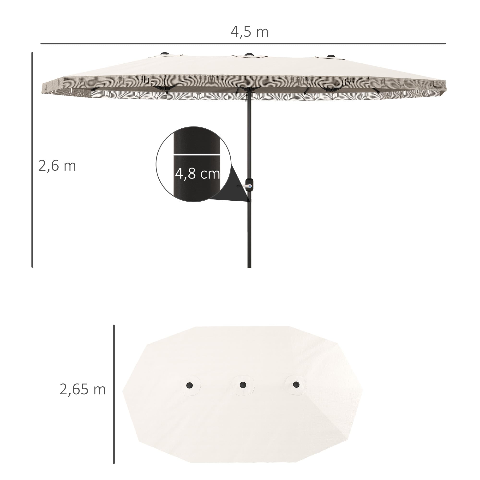 Outsunny Zewnętrzny parasol ogrodowy, podwójny prostokątny, 4,5 x 2,65 x 2,6 m z otworem korbowym i frędzlami, płótno 180 g/m², parasol na balkon, basen, taras, kremowy