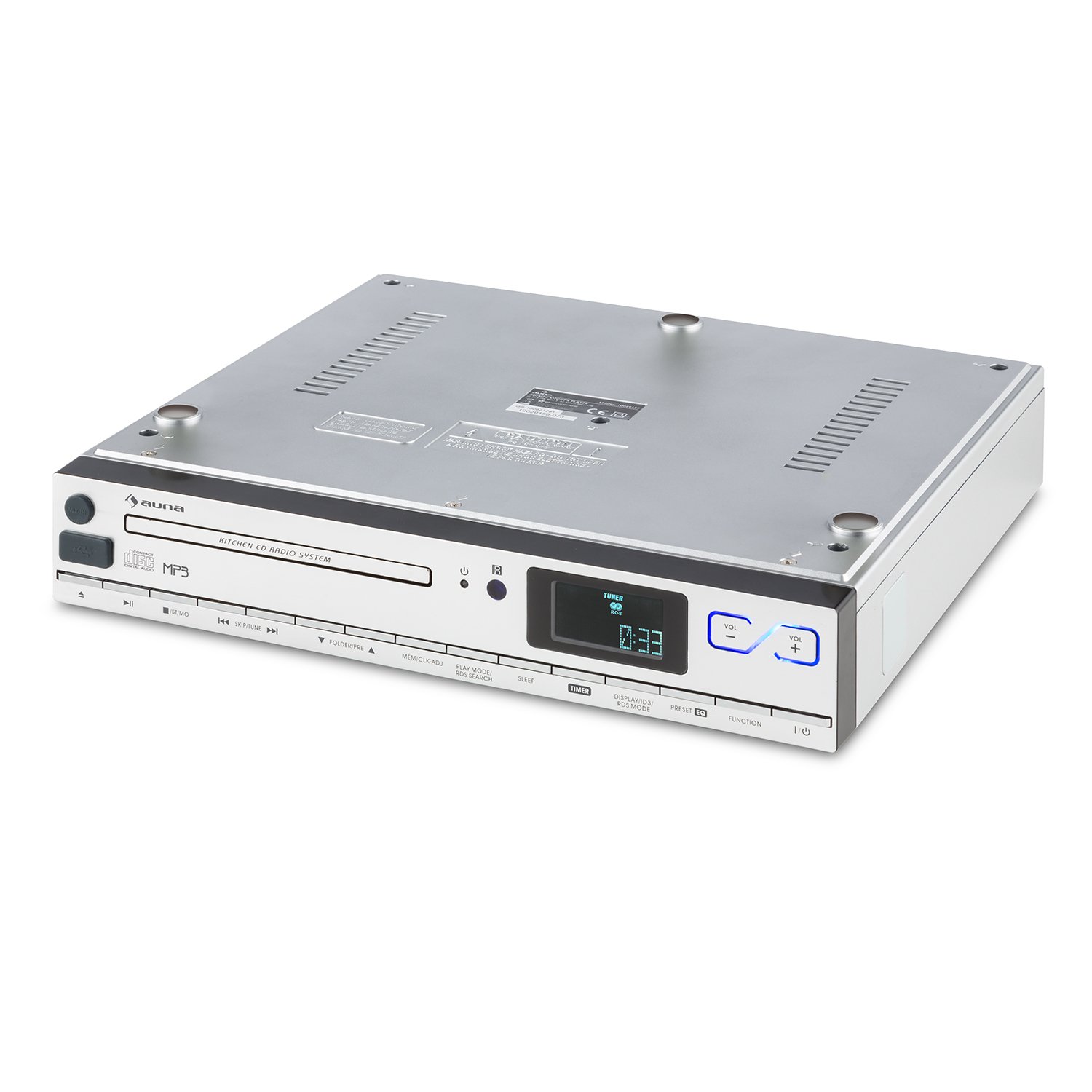 auna KCD-20 - Radio de Cocina, Radio para Mueble, Aspecto de Aluminio, Radio FM, RDS, Memoria 20 emisoras, Puerto USB Compatible con MP3, AUX, Alarma, Mando a Distancia, Plateado