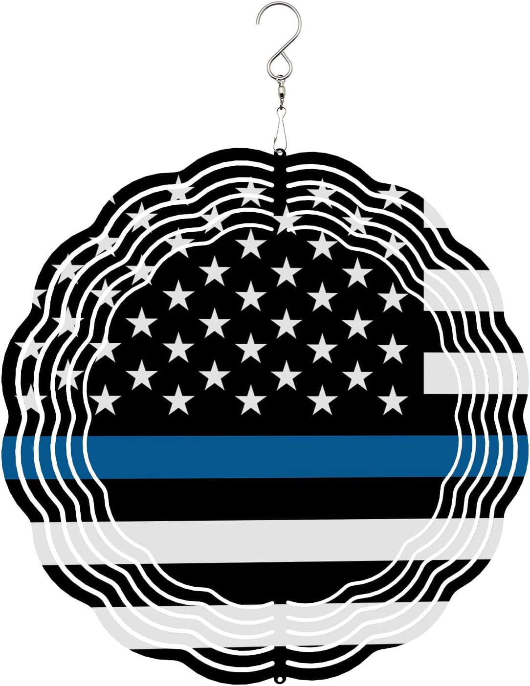 Blue White American Police Flag Wind Spinners for Yard and Garden, 3D Stainless Steel Wind Spinner, Honoring Law Enforcement Officers Wind Sculptures Spinners Indoor Outdoor Crafts Ornaments 9.8 Inch