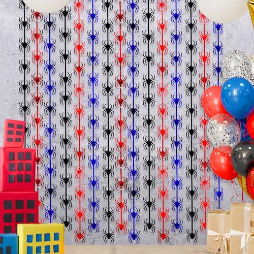 Bupelo Spider Web Birthday Decorations,2 Pack Red Black and Blue Spider Birthday Party Supplies 3.3 x 6.6ft Tinsel Foil Fringe Curtains Photo Booth Props Backdrop Streamers, House Room Decor for Boys