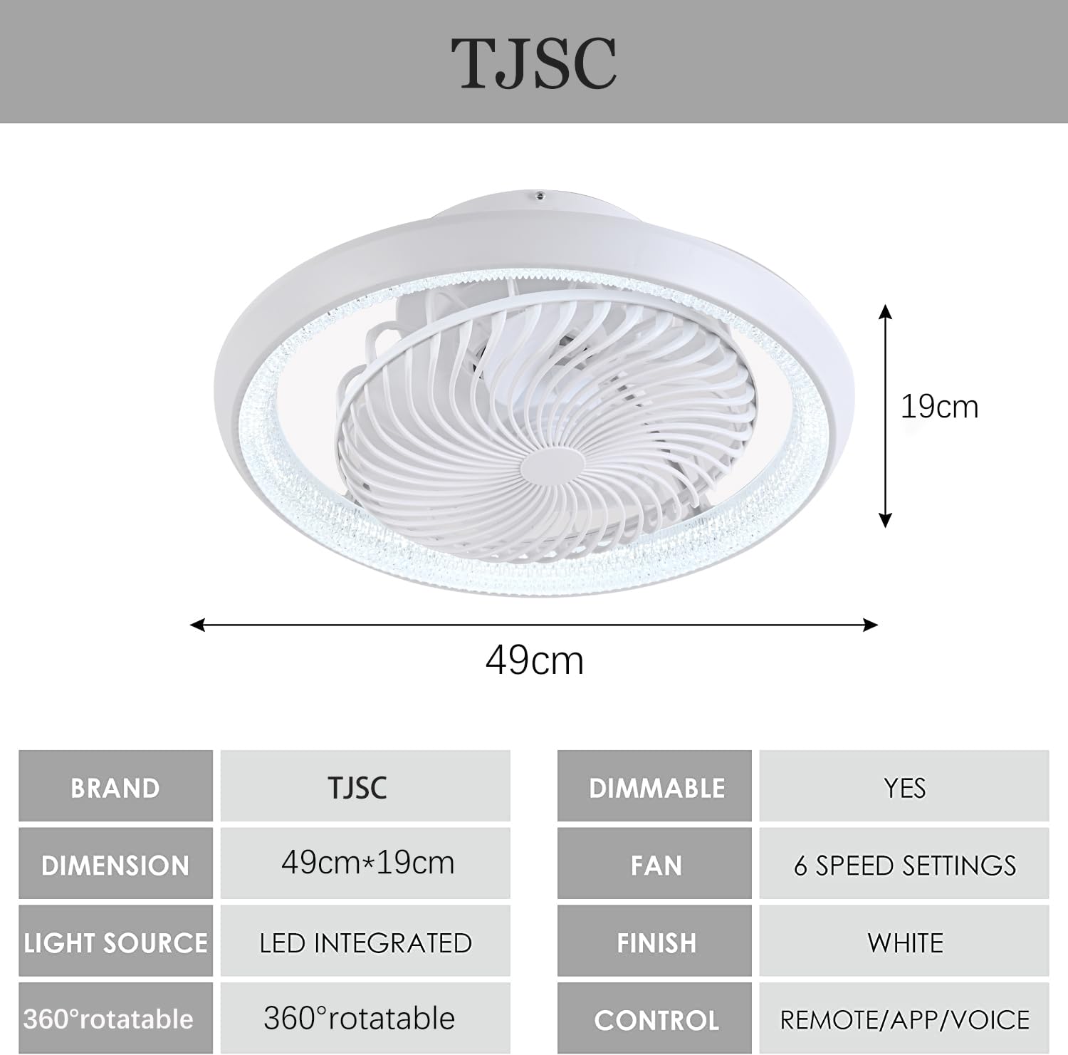 49cm Ventilatore da Soffitto con Luce e Telecomando, Silenzioso Lampadario Ventilatore LED, Rotante a 360°, 6 velocità, 72W Plafoniera con Ventilatore per Camera da Letto Soggiorno, Bianco