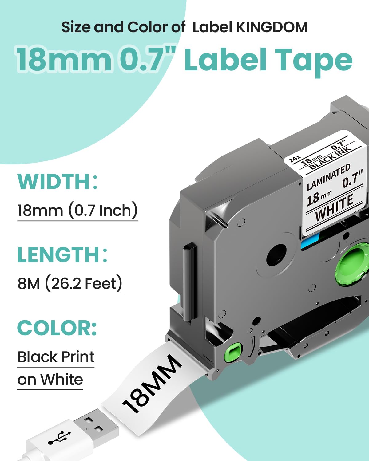 Nastro per etichette di ricambio da 18 mm per TZe-241 Brother Label Maker Tape 18 mm 0,7 pollici Tz laminato bianco TZe241 P-Touch nero su bianco per PTD410 PT-D400 PT-D610BT PTD600 ricarica, 3/4