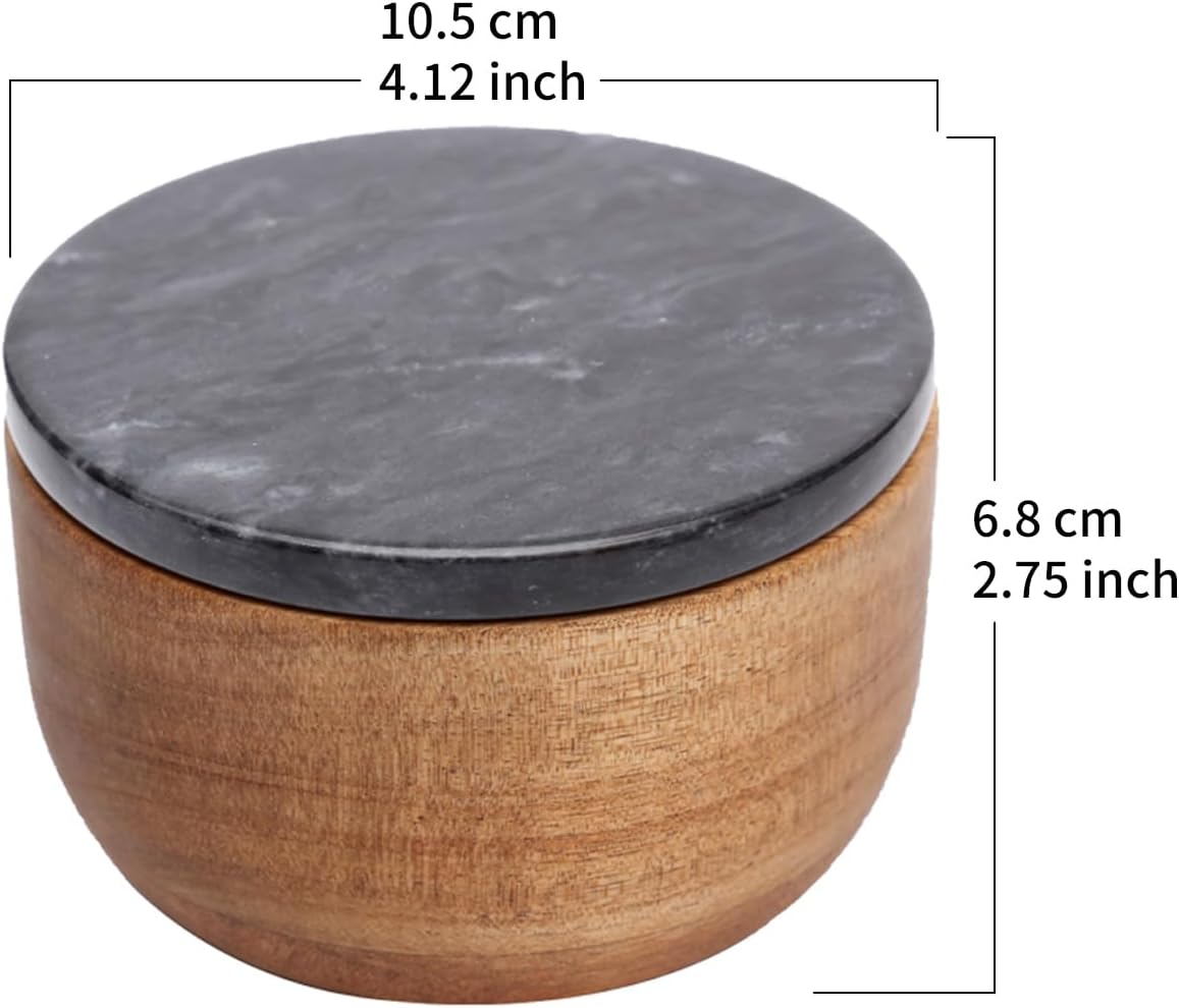Large Acacia Wood Salt Cellar with Marble Lid - 10oz Heavy Salt Box Pepper Pinch Pot with Spoon - Natural Solid Wood Spice Container Decorative Black Marble Cover for Kitchen Counter