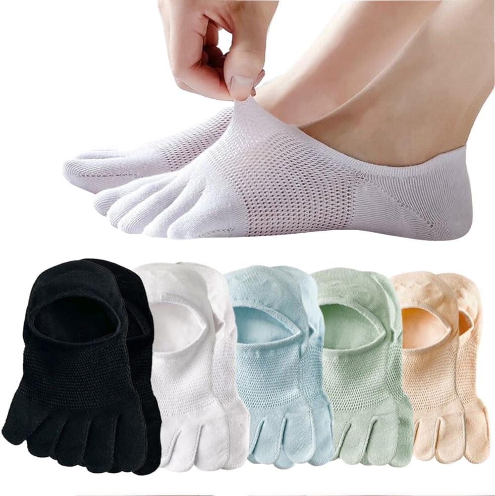 Five Toe No Show Socks, Five Finger invisible Socks for Women, Nylon Separator Toe Socks (5 Pack: Black+White+Grey+Pink+Apricot) One Size Fit EU Size 35-39