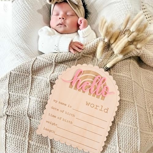 Image of Wooden inchHello World inch Baby Announcement Board - Newborn Birth Sign, Baby Shower Decor, Hospital Nursery Information Board, Baby Milestone Photo Prop, Gender Neutral Keepsake(Rainbow Bohemia)