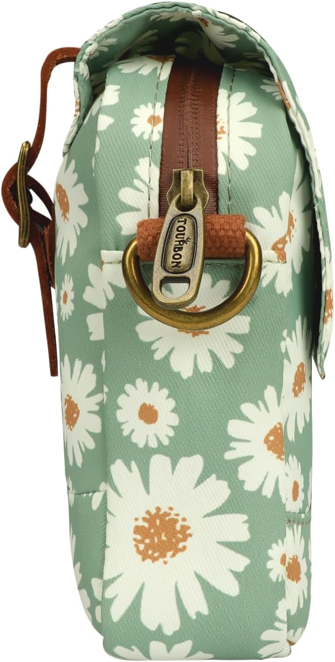 TOURBON Bike Bag Waxed Canvas Bicycle Handlebar Bag Zipper Closure Pouch Crossbar Front Frame Basket Cycling Saddebag Under Seat Strap-on Rear Rack Pannier (Light Green with Flower)