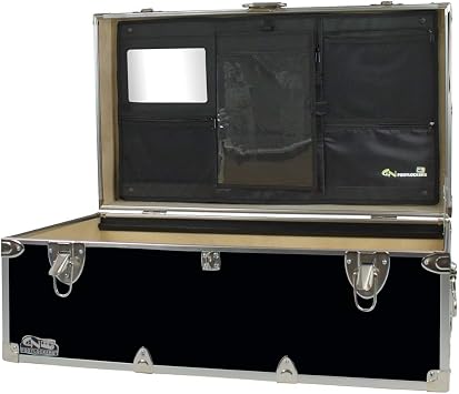 C&N Footlockers - Full-Size Happy Camper Trunk w/Lidmate Organizer - #1 Summer Camp Trunk - Made in the USA - Steel Footlocker with Lid Stay - 32 x 18 x 13.5 Inches Black