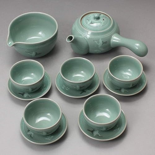 Miniatura 3 de Grúa de porcelana de celadón de estilo coreano, diseño de nube de pájaro, ceremonia de té, juego de regalo completo de servicio de cerámica de 11.8