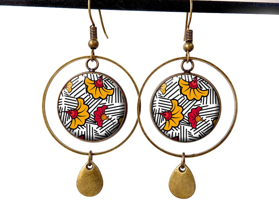Boucles d'oreilles wax jaune et rouge Afrique ethnique tendance cadeau bijou femme