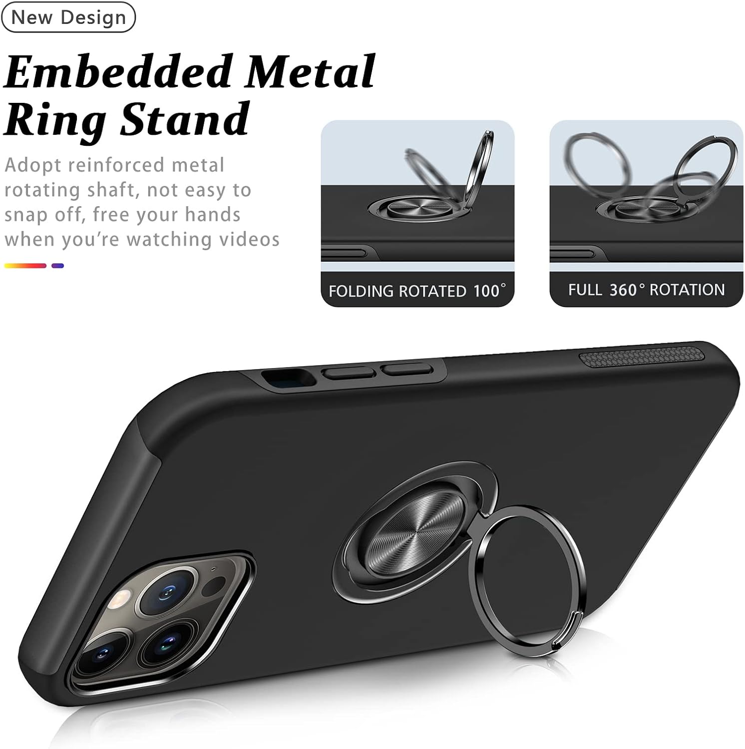 Shockproof Case for iPhone 15 Pro Max, [Embedded Finger Ring] Military Grade Phone Case Cover with Reinforced Metal Stand Kickstand [Support Magnetic Car Holder] for iPhone 15 6.7'', Black image 2