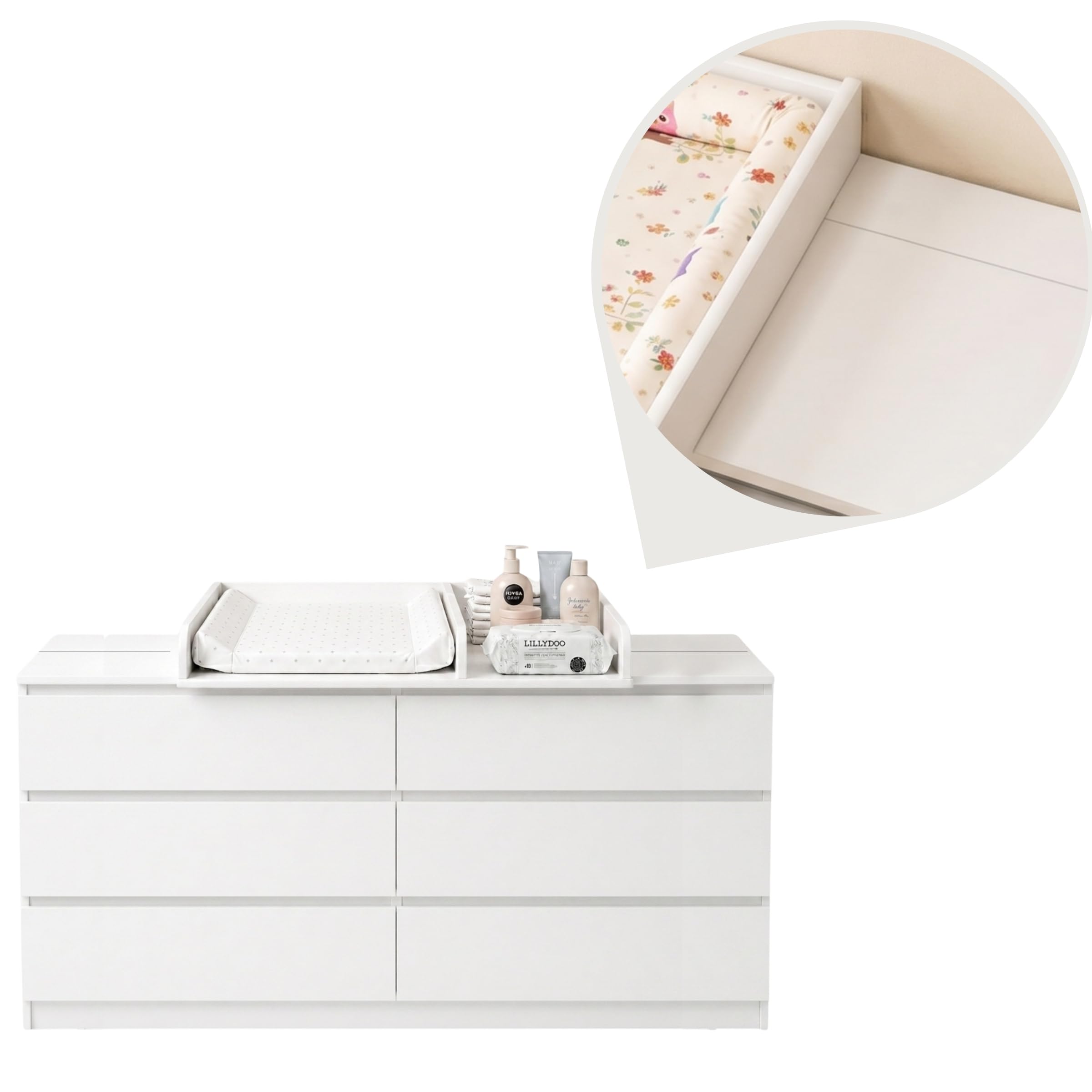 Cambiador con Compartimento y Panel 160cm, 80 x 70 cm, Blanco | Laterales Redondeados, Ajustable de 34 a 50 cm, Cambiador para Bebé, Cambiador para Cómoda