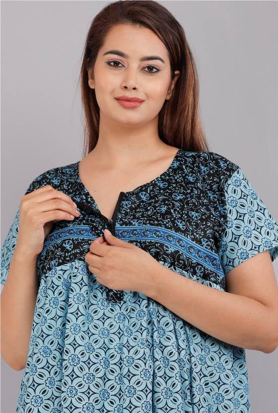 Image of Women Flower Printed Casual Wear Cotton Nighty - Gown-MFNT5014