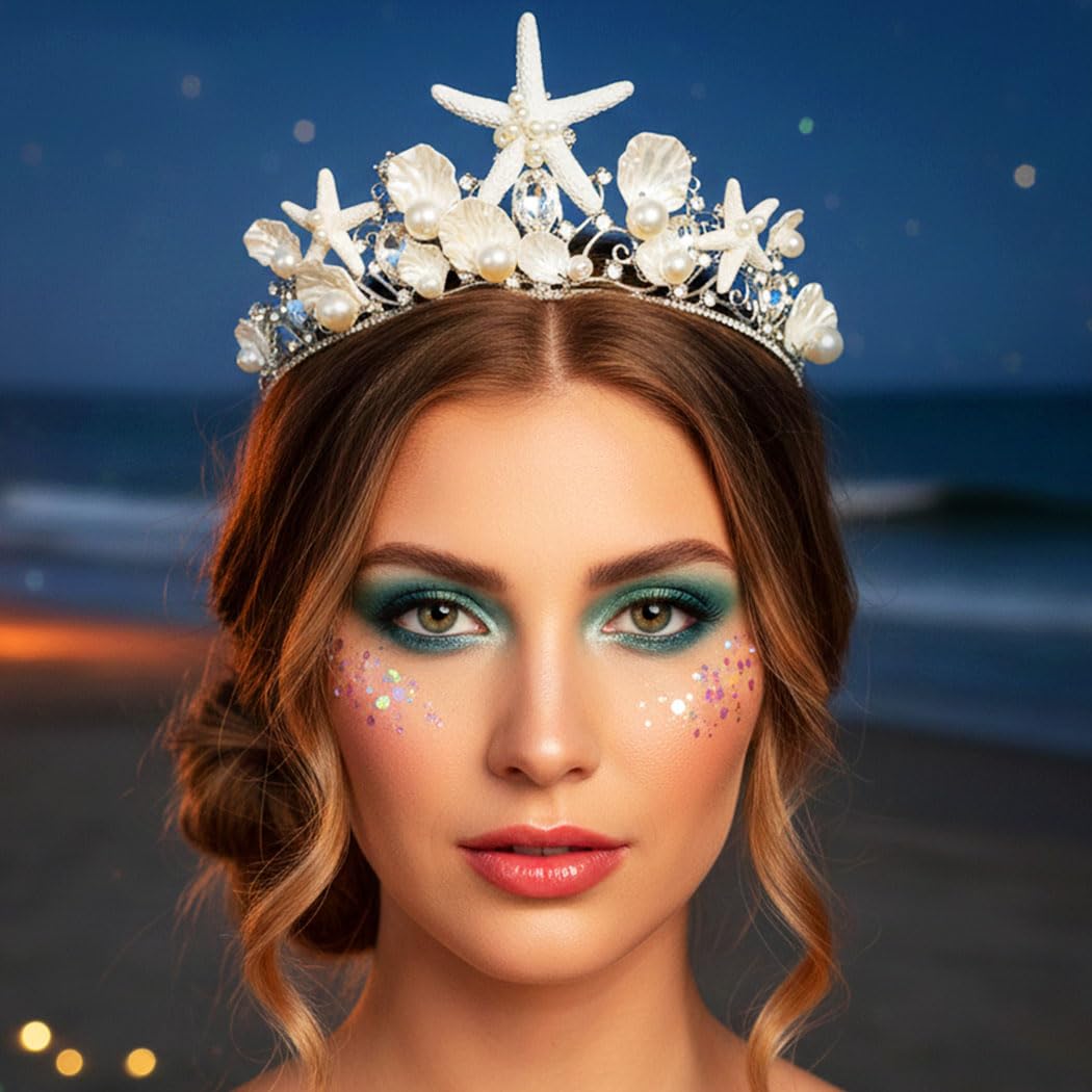 Kilshye Starfish Mermaid Crown Silver Shell Tiara Beach Wedding Headband for Women - Image 5