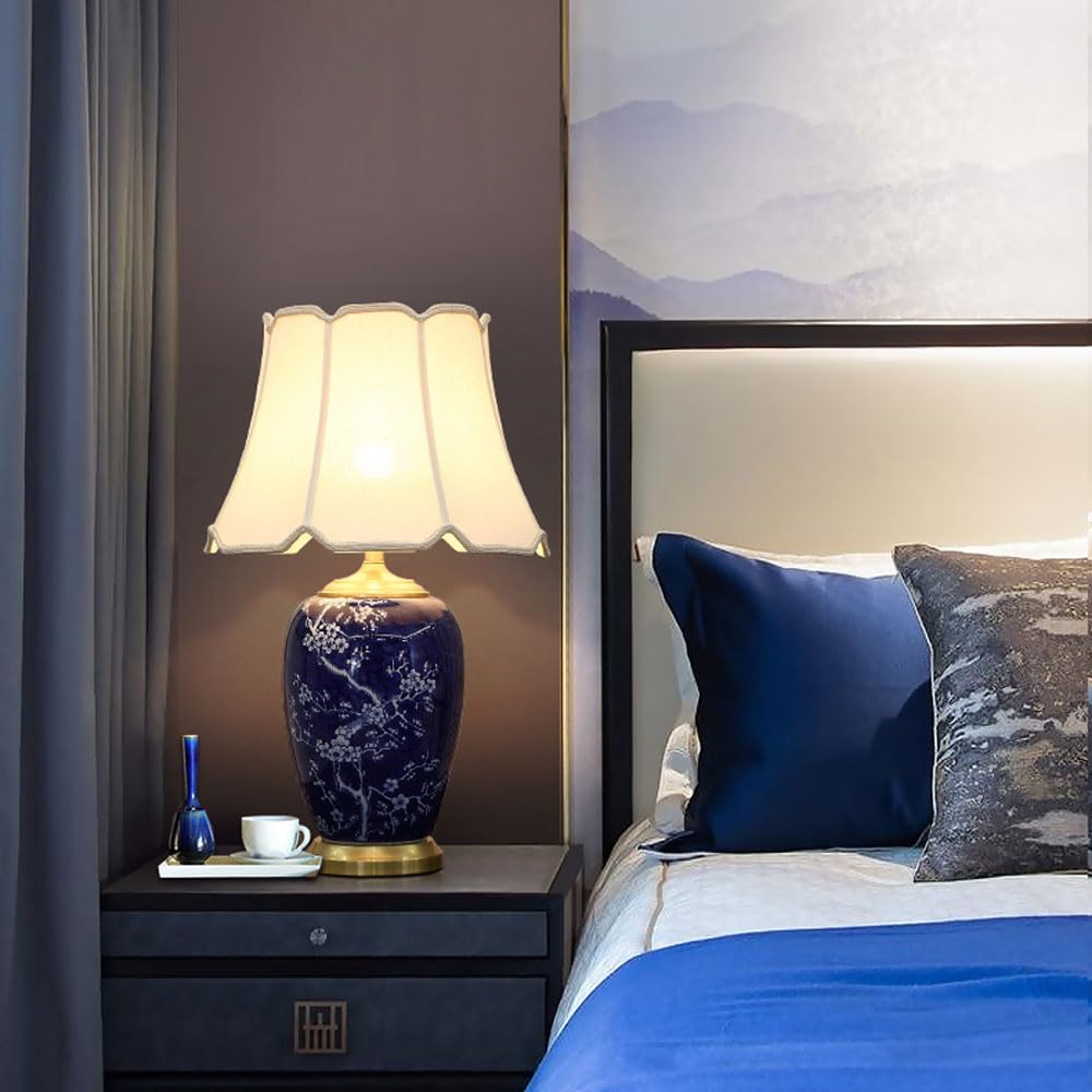 SGKOMN 24.8" Modern Ceramic Table Lamp Chinoiserie Blue And White Porcelain Bedside Lamp Tall Nightstand Lamp End Table Lamps For Living Room Bedroom,Bulb Not Included