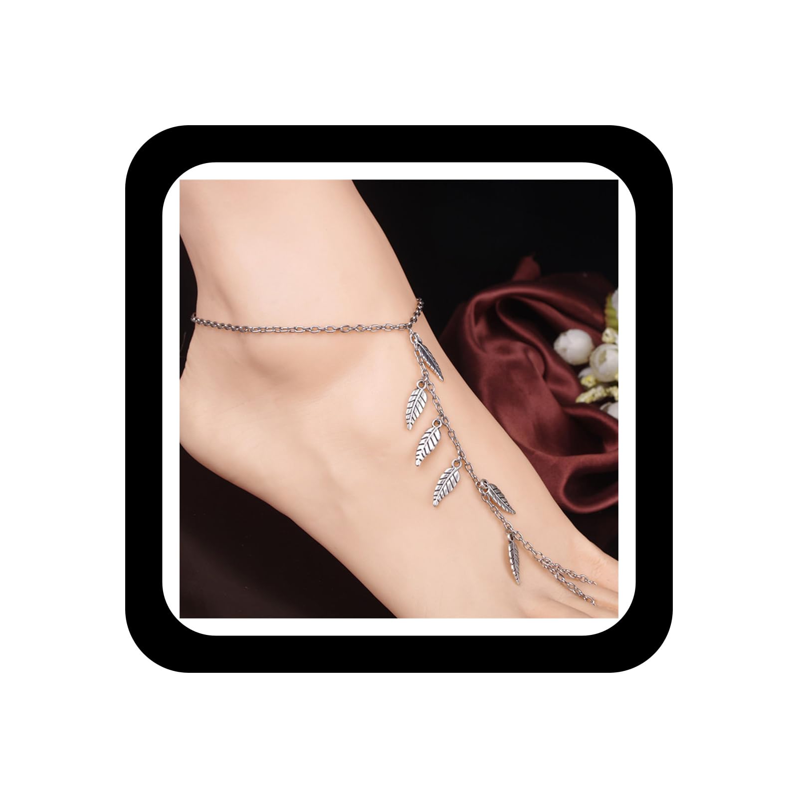 Boho Barefoot Sandals Anklet Silver Leaves Toe Ring Ankle Chain Beach Wedding Ankle Bracelet Layered Leaf Anklet Foot Chain Jewelry for Women