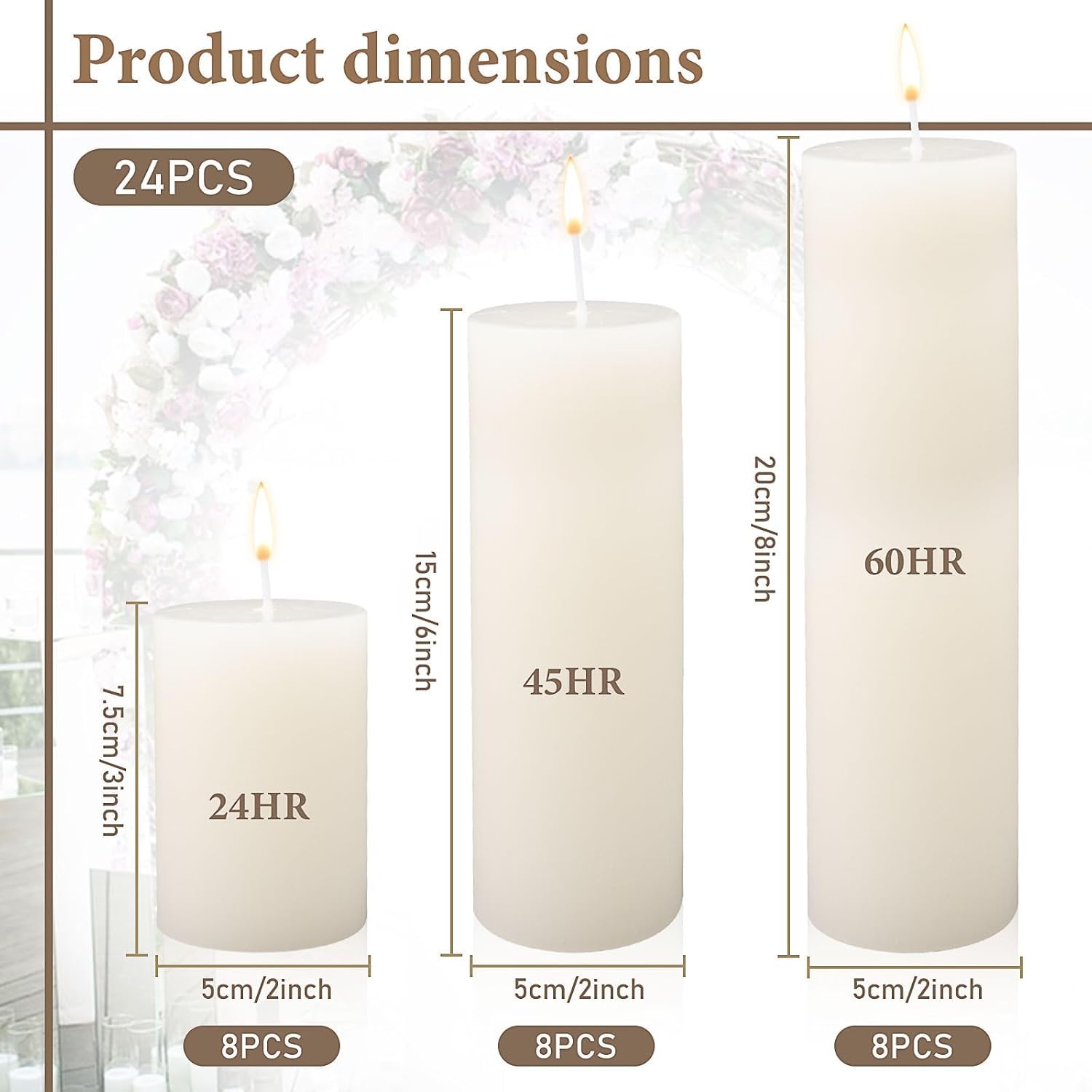 Paquete de 24 velas de pilar, velas altas sin perfume, 3 tamaños, varillas de cera blanca sin goteo para bodas, linternas de emergencia, ceremonia de vigilia, decoración del hogar, 24, 45, 60 horas de